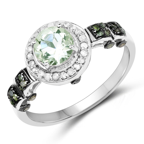 Amethyst-1.07 Carat Genuine Green Amethyst, Green Diamond and White Diamond .925 Sterling Silver Ring