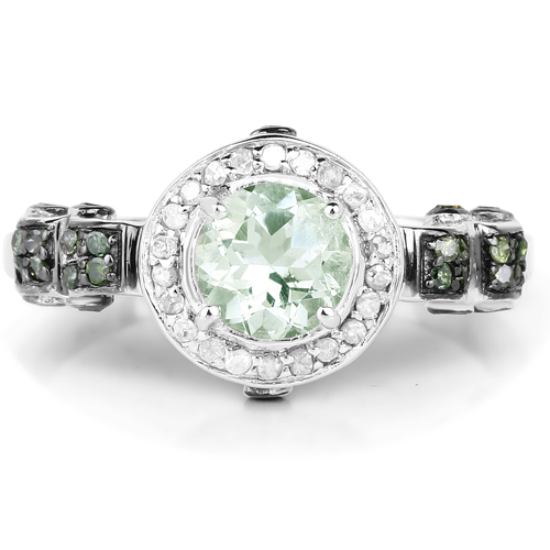 1.07 Carat Genuine Green Amethyst, Green Diamond and White Diamond .925 Sterling Silver Ring