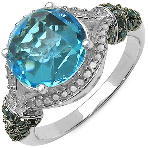 Rings-4.96 Carat Genuine Blue Topaz, Blue Diamond & White Diamond .925 Sterling Silver Ring