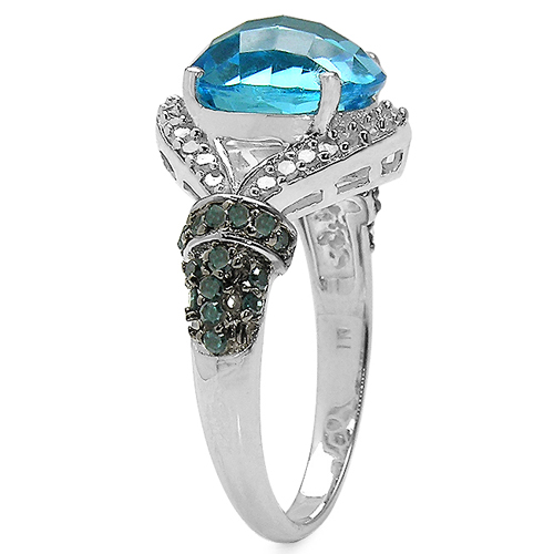 4.96 Carat Genuine Blue Topaz, Blue Diamond & White Diamond .925 Sterling Silver Ring