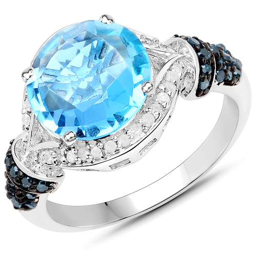 Rings-4.94 Carat Genuine Swiss Blue Topaz, Blue Diamond and White Diamond .925 Sterling Silver Ring