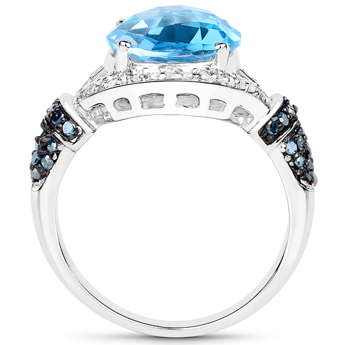 4.94 Carat Genuine Swiss Blue Topaz, Blue Diamond and White Diamond .925 Sterling Silver Ring