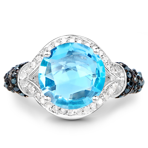 4.94 Carat Genuine Swiss Blue Topaz, Blue Diamond and White Diamond .925 Sterling Silver Ring