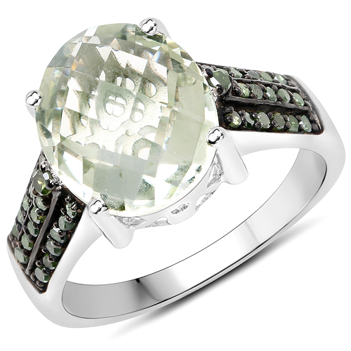 Amethyst-4.41 Carat Genuine Green Amethyst and Green Diamond .925 Sterling Silver Ring