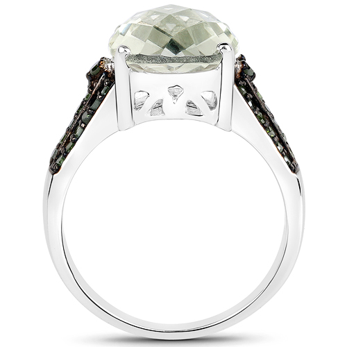 4.41 Carat Genuine Green Amethyst and Green Diamond .925 Sterling Silver Ring