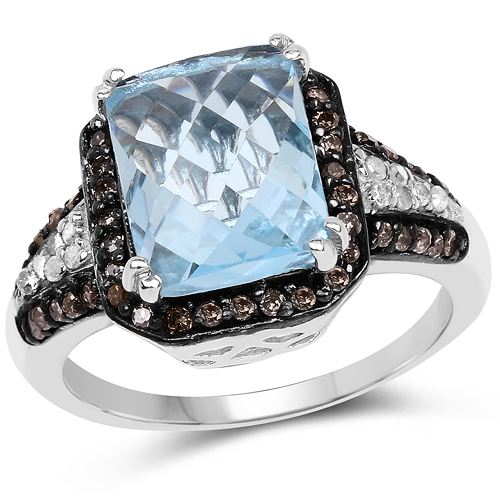 Rings-4.33 Carat Genuine Swiss Blue Topaz, Champagne Diamond & White Diamond .925 Sterling Silver Ring