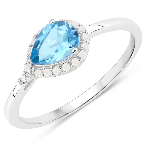 Rings-0.92 Carat Genuine Swiss Blue Topaz and White Diamond 10K White Gold Ring