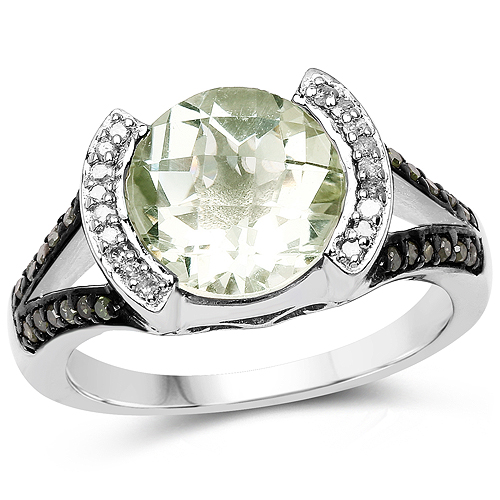 Amethyst-3.59 Carat Genuine Green Amethyst, Green Diamond & White Diamond .925 Sterling Silver Ring