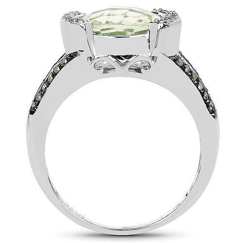 3.59 Carat Genuine Green Amethyst, Green Diamond & White Diamond .925 Sterling Silver Ring