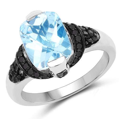 3.81 Carat Genuine Baby Swiss Blue Topaz, Black Diamond and White Diamond .925 Sterling Silver Ring