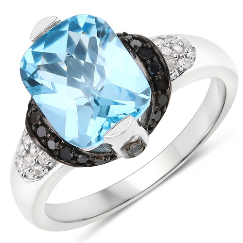 Rings-3.81 Carat Genuine Swiss Blue Topaz, Black Diamond and White Diamond .925 Sterling Silver Ring