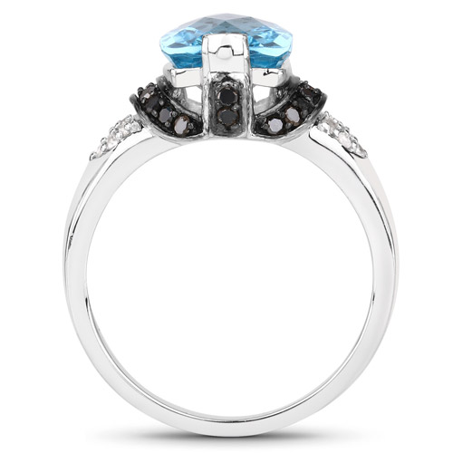 3.81 Carat Genuine Swiss Blue Topaz, Black Diamond and White Diamond .925 Sterling Silver Ring