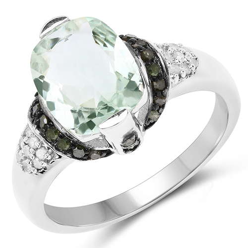 Amethyst-2.92 Carat Genuine Green Amethyst, Green Diamond & White Diamond .925 Sterling Silver Ring