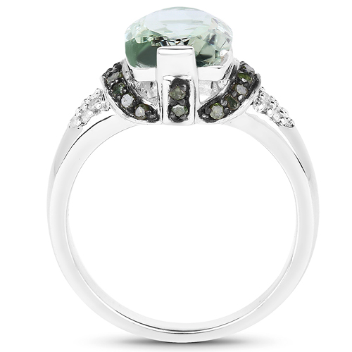 2.92 Carat Genuine Green Amethyst, Green Diamond & White Diamond .925 Sterling Silver Ring