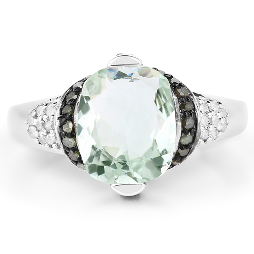 2.92 Carat Genuine Green Amethyst, Green Diamond & White Diamond .925 Sterling Silver Ring