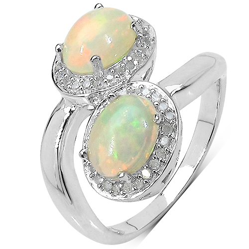 1.85 Carat Genuine Ethiopian Opal and White Diamond .925 Sterling Silver Ring