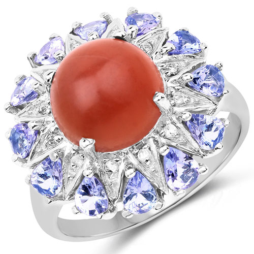 Rings-5.73 Carat Genuine Peach Moonstone, Tanzanite and White Topaz .925 Sterling Silver Ring