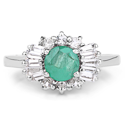 1.59 Carat Genuine Zambian Emerald and White Topaz .925 Sterling Silver Ring