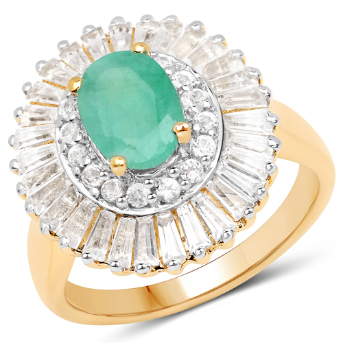 Emerald-3.20 Carat Genuine Emerald and White Topaz .925 Sterling Silver Ring