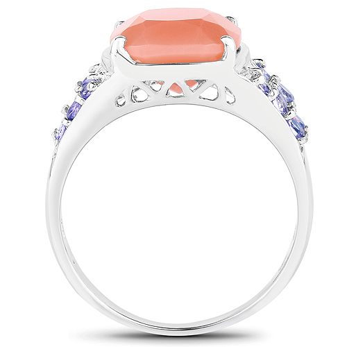 3.97 Carat Genuine Peach Moonstone and Tanzanite .925 Sterling Silver Ring