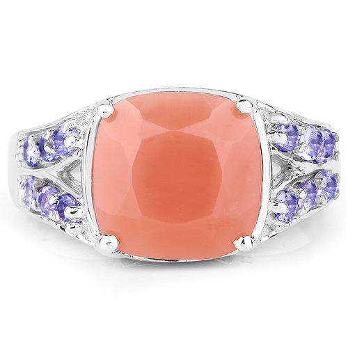 3.97 Carat Genuine Peach Moonstone and Tanzanite .925 Sterling Silver Ring