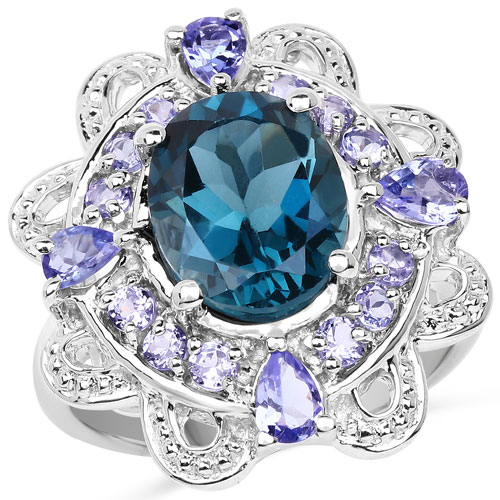 Rings-3.53 Carat Genuine London Blue Topaz and Tanzanite .925 Sterling Silver Ring
