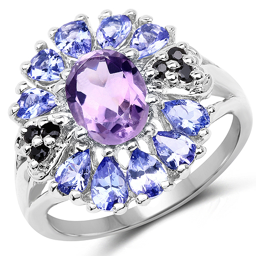 Amethyst-2.67 Carat Genuine Amethyst, Tanzanite & Black Spinel .925 Sterling Silver Ring