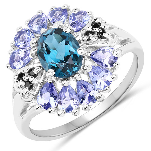 Rings-2.97 Carat Genuine London Blue Topaz, Tanzanite and Black Spinel .925 Sterling Silver Ring