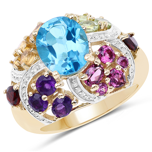 Rings-14K Yellow Gold Plated 5.61 Carat Genuine Multi Stone .925 Sterling Silver Ring