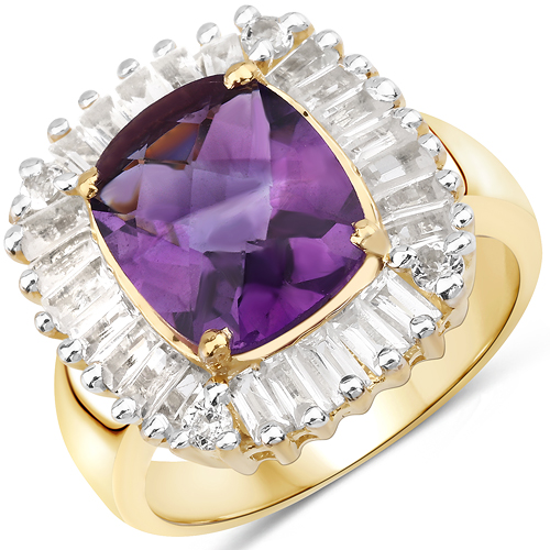 Amethyst-14K Yellow Gold Plated 4.78 Carat Genuine Amethyst and White Topaz .925 Sterling Silver Ring