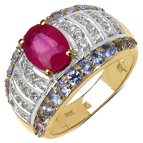 14K Yellow Gold Plated 3.02 Carat Genuine Ruby, Tanzanite & White Topaz .925 Sterling Silver Ring