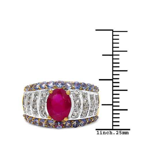 14K Yellow Gold Plated 3.02 Carat Genuine Ruby, Tanzanite & White Topaz .925 Sterling Silver Ring