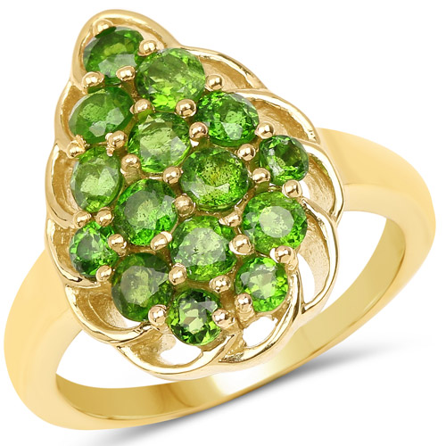 Rings-14K Yellow Gold Plated 1.71 Carat Genuine Chrome Diopside .925 Sterling Silver Ring