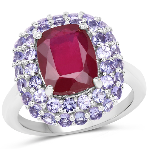 4.87 Carat Genuine Glass Filled Ruby & Tanzanite .925 Sterling Silver Ring