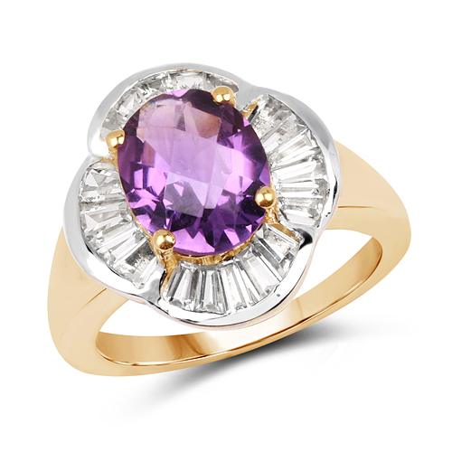 Amethyst-14K Yellow Gold Plated 3.35 Carat Genuine Amethyst & White Topaz .925 Sterling Silver Ring