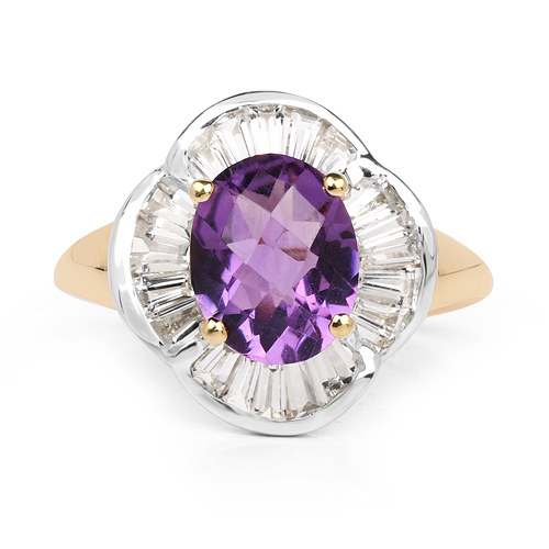 14K Yellow Gold Plated 3.35 Carat Genuine Amethyst & White Topaz .925 Sterling Silver Ring