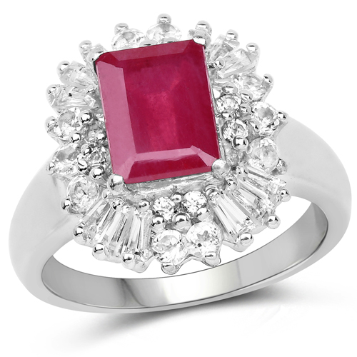 Ruby-3.15 Carat Glass Filled Ruby and White Topaz .925 Sterling Silver Ring