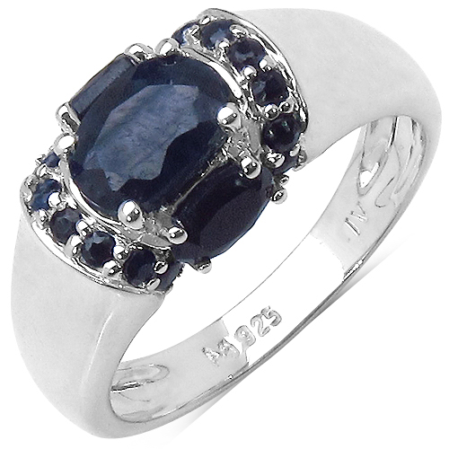 Sapphire-1.86 Carat Genuine Black Sapphire and Blue Sapphire .925 Sterling Silver Ring
