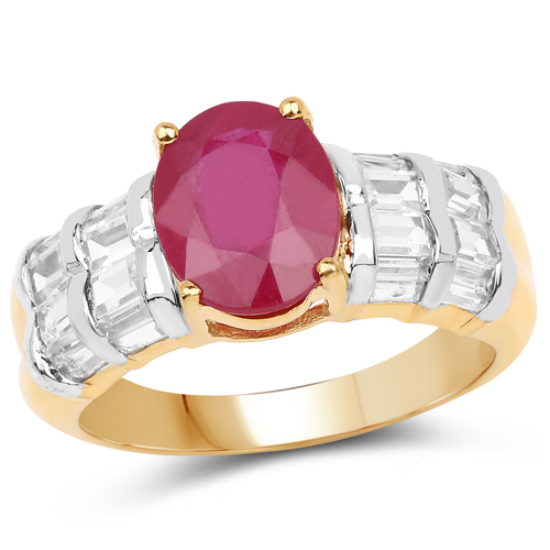 Ruby-14K Yellow Gold Plated 4.72 Carat Glass Filled Ruby and White Topaz .925 Sterling Silver Ring