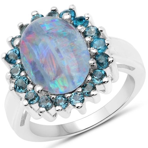 Opal-4.81 Carat Genuine Doublet Opal and London Blue Topaz .925 Sterling Silver Ring
