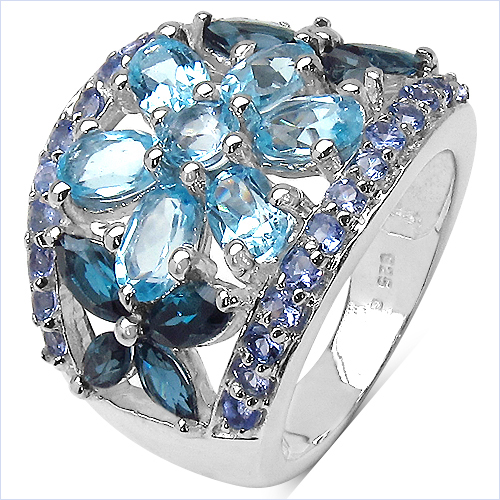 Rings-6.06 Carat Genuine Blue Topaz, London Blue Topaz & Tanzanite .925 Sterling Silver Ring