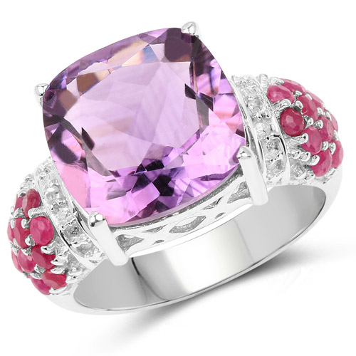 Amethyst-6.55 Carat Genuine Amethyst, Ruby and White Topaz .925 Sterling Silver Ring