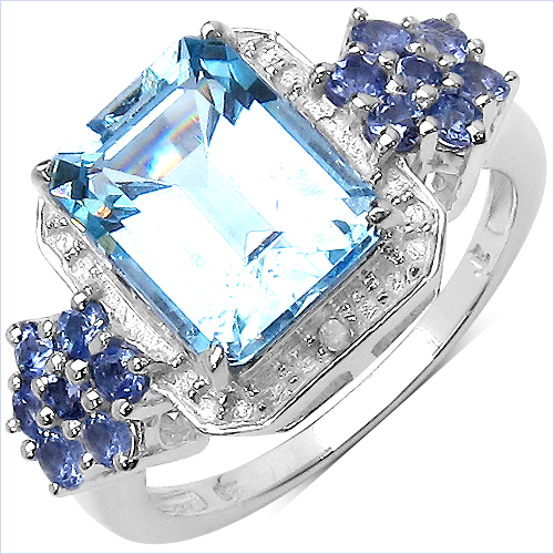 Rings-4.33 Carat Genuine Blue Topaz, Tanzanite & White Topaz .925 Sterling Silver Ring