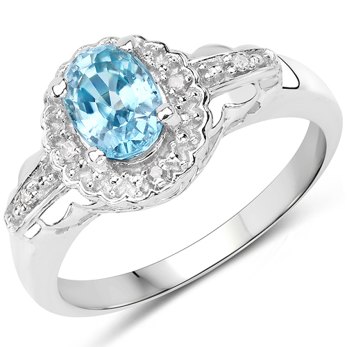 1.48 Carat Genuine Blue Zircon and White Diamond.925 Sterling Silver Ring