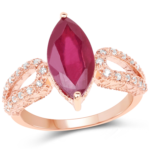 Ruby-14K Rose Gold Plated 5.11 Carat Glass Filled Ruby and White Topaz .925 Sterling Silver Ring