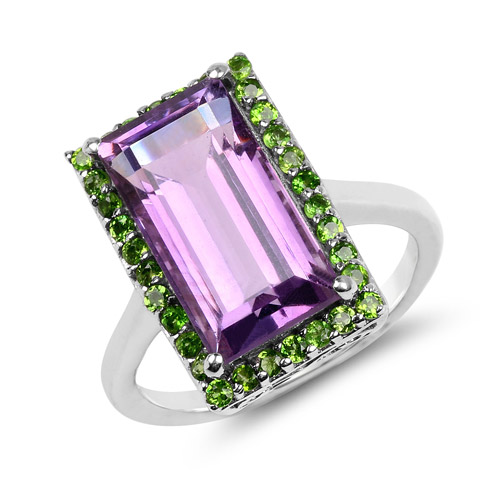 6.15 Carat Genuine Amethyst and Chrome Diopside .925 Sterling Silver Ring
