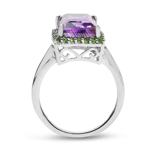 6.15 Carat Genuine Amethyst and Chrome Diopside .925 Sterling Silver Ring