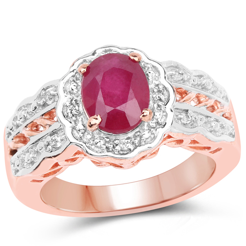 Ruby-14K Rose Gold Plated 1.67 Carat Glass Filled Ruby and White Topaz .925 Sterling Silver Ring