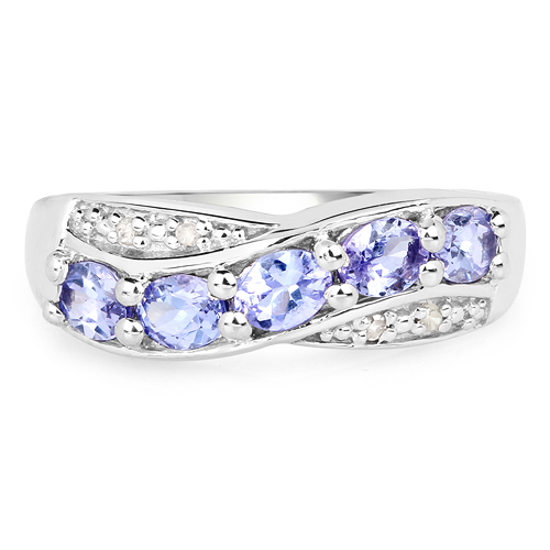 14K White Gold Plated 0.88 Carat Genuine Tanzanite and White Diamond .925 Sterling Silver Ring