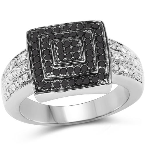 Diamond-0.55 Carat Genuine Black Diamond and White Diamond .925 Sterling Silver Ring